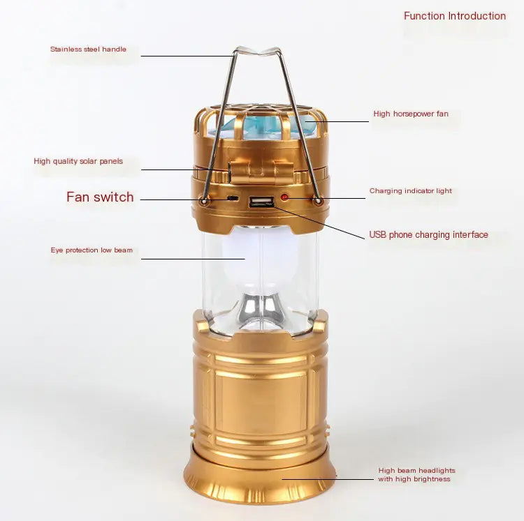 Solar powered camping lantern with built-in fan