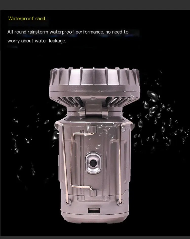 Solar powered camping lantern with built-in fan