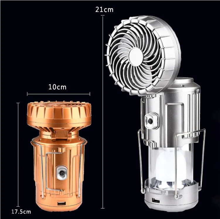 Solar powered camping lantern with built-in fan